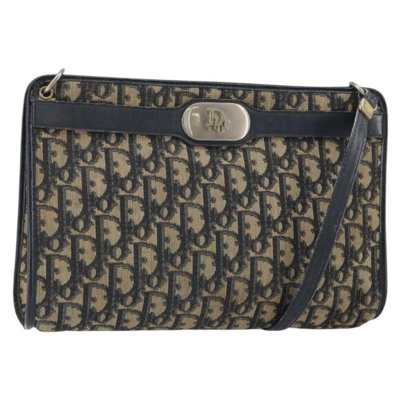 Authentic Christian Dior Trotter Canvas Shoulder Bag Navy Gold